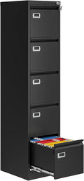 5 Drawer File Cabinet with Lock, Metal Filing Cabinets for Home Office, Vertical Black Locking File Caninet, Steel Narrow Five Drawer File Cabnet for Letter/Legal / A4 / B4- Assembly Required