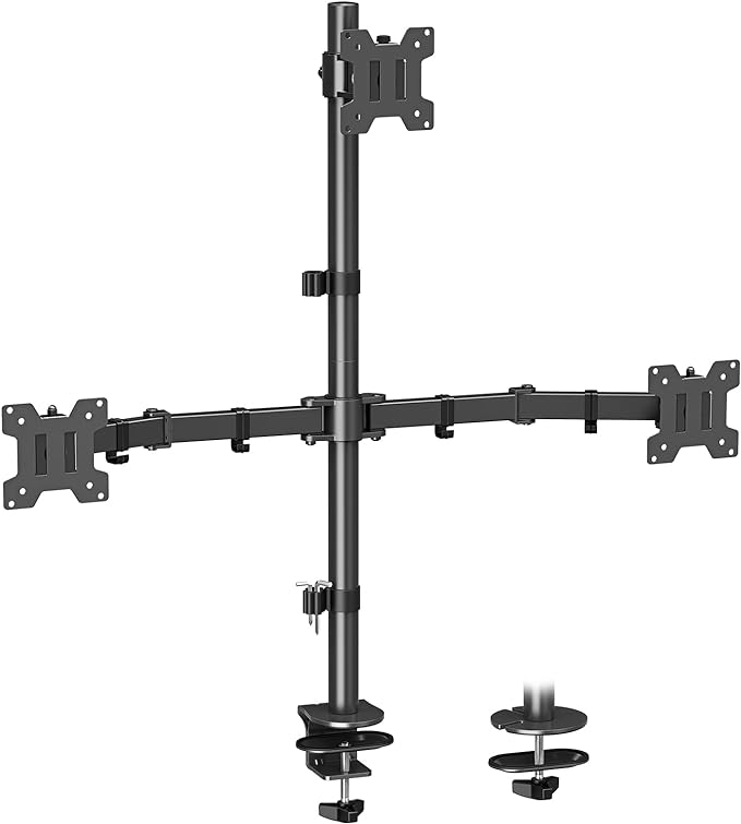 MOUNT PRO Triple Monitor Mount, Monitor Desk Mount for 3 Screens up to 32 inch, 17.6 lbs Each, Fully Adjustable Stacked Computer Stand, Table VESA Mounting, C clamp/Grommet Base