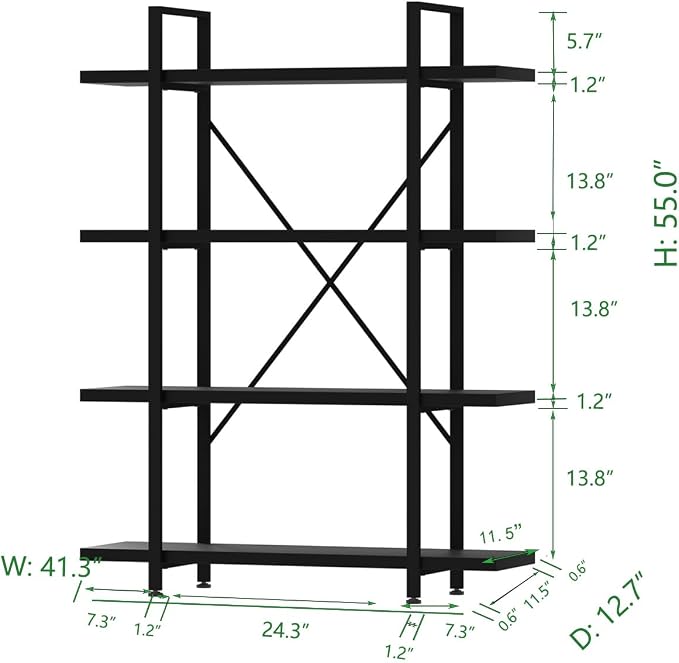 HSH 4 Tier Black Bookshelf, Industrial Metal Wood Storage Book Shelves, Modern Open 4 Shelf Bookcase and Display Etagere, Vertical Book Shelf for Bedroom Living Room Office