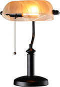TORCHSTAR Pale Yellow Glass Bankers Desk Lamp with Pull Chain, E26 Base | Uniquely Textured Base, Antique Traditional Library Lamp for Office Study Room, Bulbs not Included