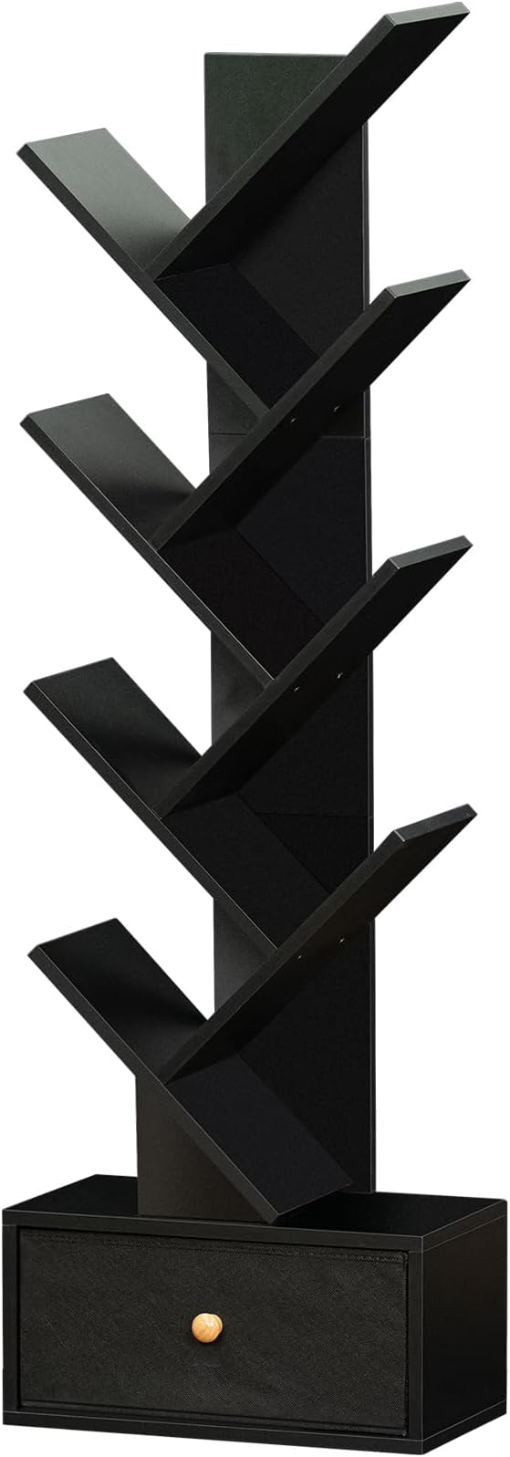 SHEEPAM 8 Tier Tree Bookshelf with Drawer, Free Standing Wood Bookcase for Living Room, Bedroom, Home Office, Space Saving Storage Organizer Bookshelves for Books, CDs, Vinyl Records- Black