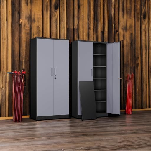 Yizosh Metal Garage Storage Cabinet with 2 Doors and 5 Adjustable Shelves - 71" Steel Lockable File Cabinet,Locking Tool Cabinets for Office,Home,Garage,Gym,School (Gray Black)