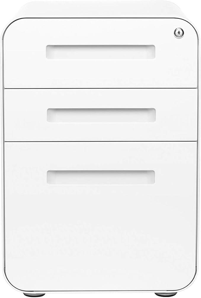 Laura Davidson Furniture Stockpile 3 Drawer File Cabinet with Lock - Under Office Desk Metal Filing Cabinet, Legal/Letter File Folders, Wheels and Stationary Feet, Pre-Assembled, White