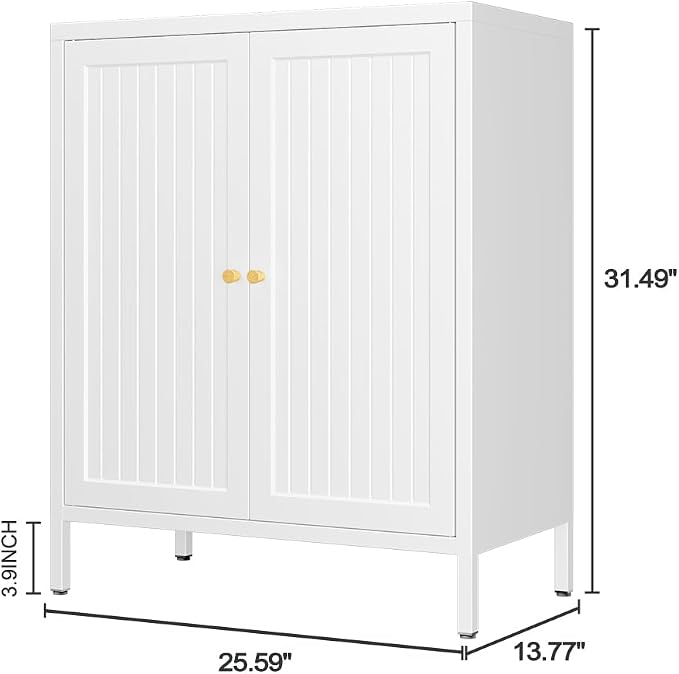 2 Door Metal Storage Cabinet-Small Bathroom Storage Cabinet with 1 Adjustable Shelf,Freestanding Sideboard for Home Office, Living Room, Hallway, Entryway(Striped Door, White)