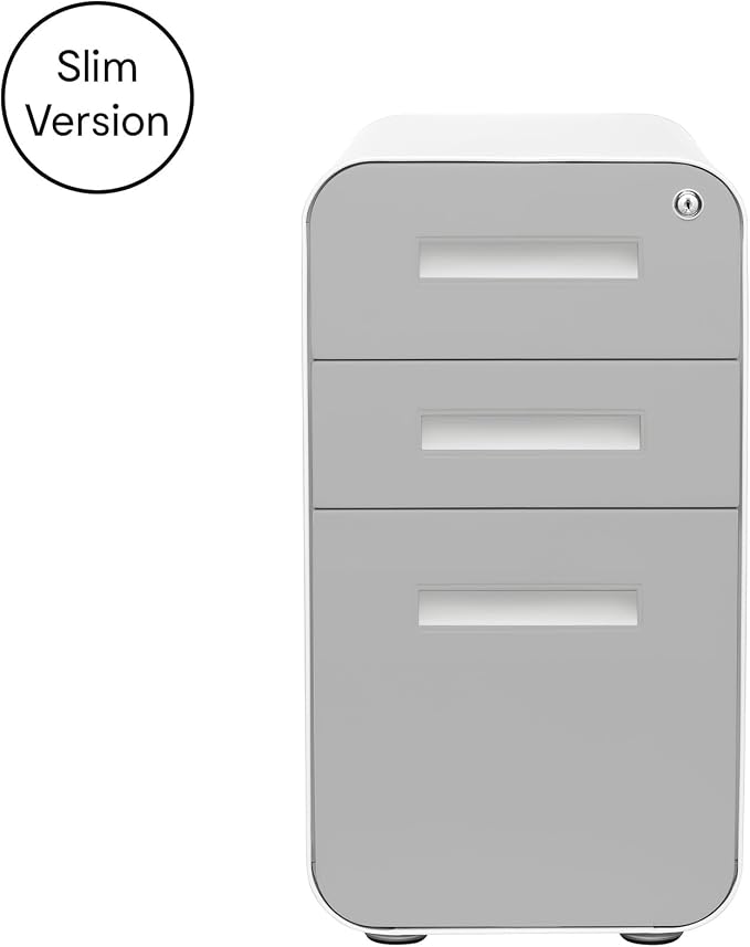 Laura Davidson Furniture Stockpile Slim 3-Drawer Mobile File Cabinet with Lock - Under Desk Metal Filing Cabinet, Legal/Letter File Folders, Wheels & Stationary Feet, Assembled, Light Grey Faceplate