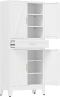COFaR 71 in Tall Kitchen Pantry Cabinet with Drawer, Metal Pantry Storage Cabinet with 4 Adjustable Shelves and 4 Barn Doors, White Freestanding Farmhouse Food Cupboard for Dining Room