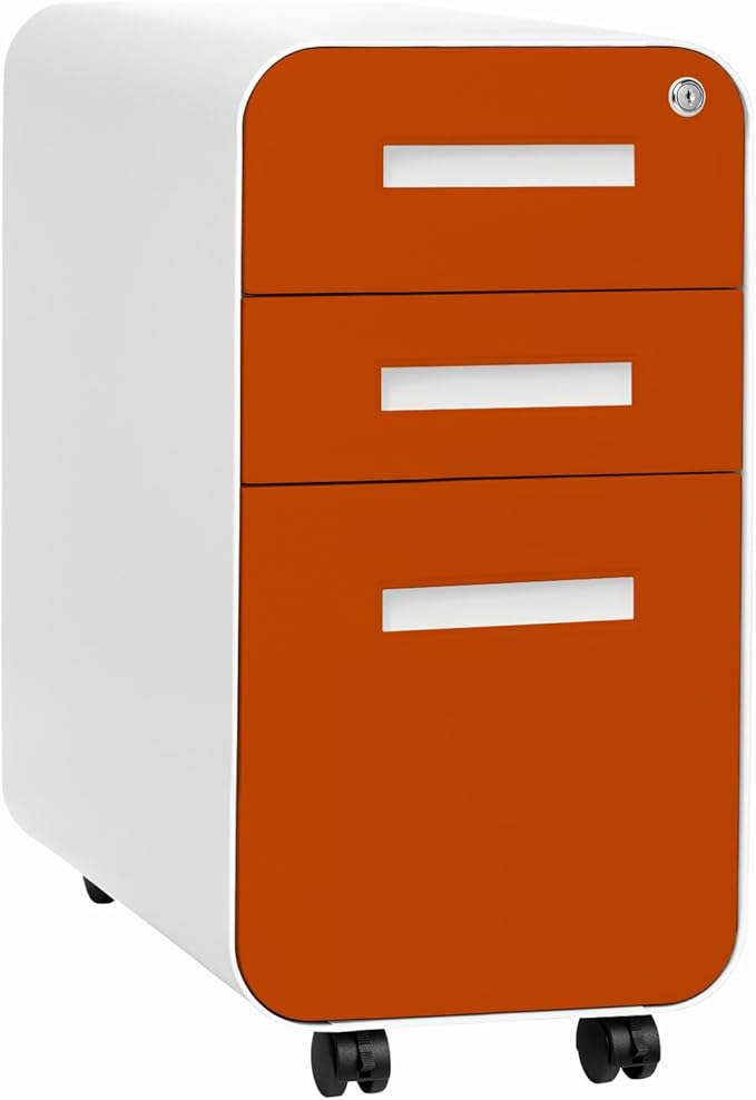 Laura Davidson Furniture Stockpile Slim 3-Drawer Mobile File Cabinet with Lock - Under Desk Metal Filing Cabinet, Legal/Letter File Folders, Wheels and Stationary Feet, Pre-Assembled, Orange Faceplate