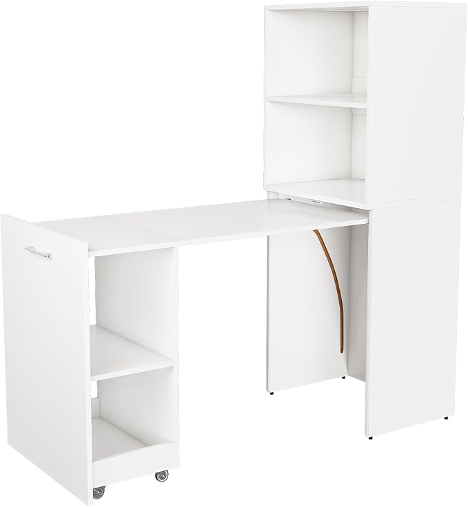 Foldable Expandable Desk Cabinet with Storage Shelves, Rolling Caster Base, Magnetic Closure, Retractable Workstation Unit for Small Spaces, Home Office Study Writing Table Organizer (White)