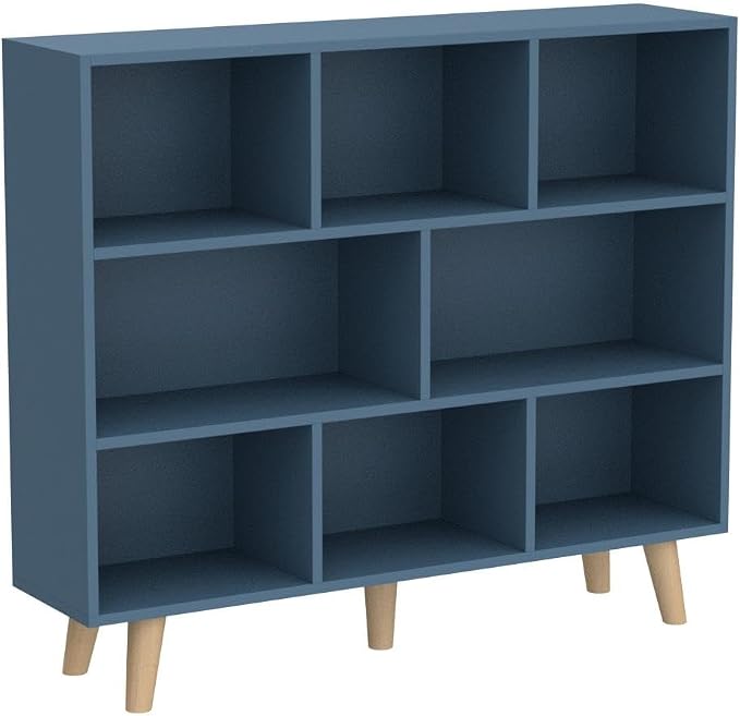 IOTXY Wooden Open Shelf Bookcase - 3-Tier Floorstanding Display Cabinet Rack with Legs, 8 Cubes Free Standing Bookshelf, Bright Blue