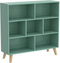 IOTXY Wooden Open Shelf Bookcase - 3-Tier Floor Standing Display Cabinet Rack with Legs, 7 Cubes Bookshelf, Tiffany-Green