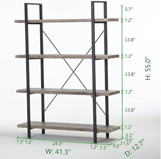 HSH 4-Shelf Vintage Industrial Bookshelf, Rustic Gray Wood and Metal 4 Tier Bookcase, Open Wide Etagere Book Shelf for Home Office Livingroom Bedroom Dispaly, Light Grey Oak