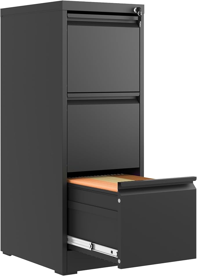 3 Drawer File Cabinet with Lock,Metal Vertical Filing Cabinets for Home Office,Heavy Duty File Storage Cabinet for Letter/Legal/A4/F4 Size File,Assembly Require (Black, Vertical 3 Drawer)