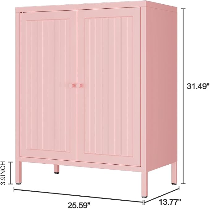 2 Door Metal Storage Cabinet-Small Bathroom Storage Cabinet with 1 Adjustable Shelf,Freestanding Sideboard for Home Office, Living Room, Hallway, Entryway (Striped Door, Pink)
