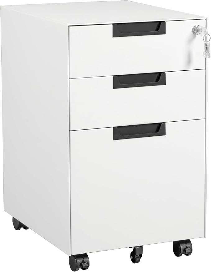Letaya 3 Drawer Mobile File Cabinet with Lock,Under Desk Metal Small Filing Cabinets for Home Office Organizer Letters/Legal/A4(Fully Assembled Except Wheels-White)