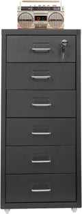 Vertical File Cabinet, 6 Drawers Rolling File Organizer Cabinets with Lock, Heavy Duty Metal Storage Cabinet, Movable Under Desk Filing Cabinet for Office, Study, Dresser (Black)