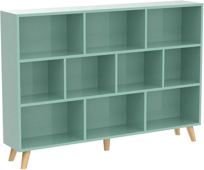 IOTXY Wooden Open Shelf Bookcase - 3-Tier Floor Standing Display Cabinet Rack with Legs, 10 Cubes Kids Bookshelf, Tiffany-Green