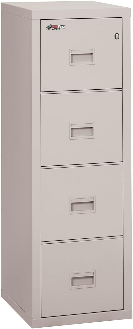 FireKing Turtle Vertical 4 Drawer Legal and Letter Fire Safe File Cabinet with Key Lock, 1 Hour Fire Rated, UL Rated & Water Resistant Home Safe, Filing Cabinet, Made in The USA, Platinum