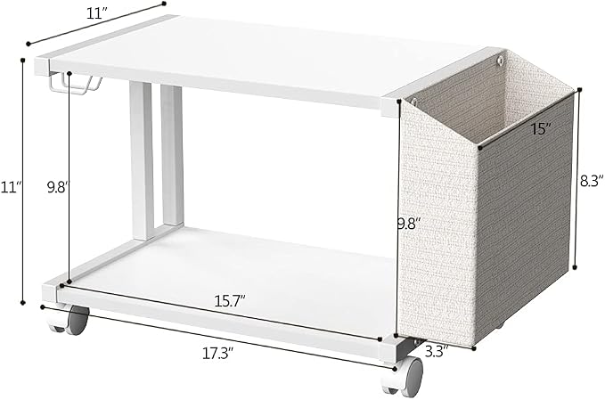 VEDECASA 2 Tier Modern White Wooden Under Desk Printer Stand with Storage Bag for Home Office Desktop Printer Table Organizer Mobile Printer Shelf Cart with Caster Wheel (White)