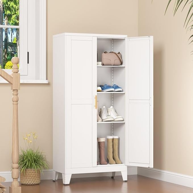 White Metal Storage Cabinet, 48" Steel Cabinets for Home Office, Kitchen Pantry Storage Cabinet with Doors and 3 Adjustable Shelves, for Office, Home, Garage, School