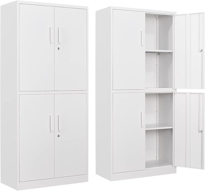 STANI Metal Storage Cabinet, Locking Steel Cabinet With 4 Doors and 2 Adjustable Shelves, 71" Lockable File Cabinet for Home Office, Garage, School (White)