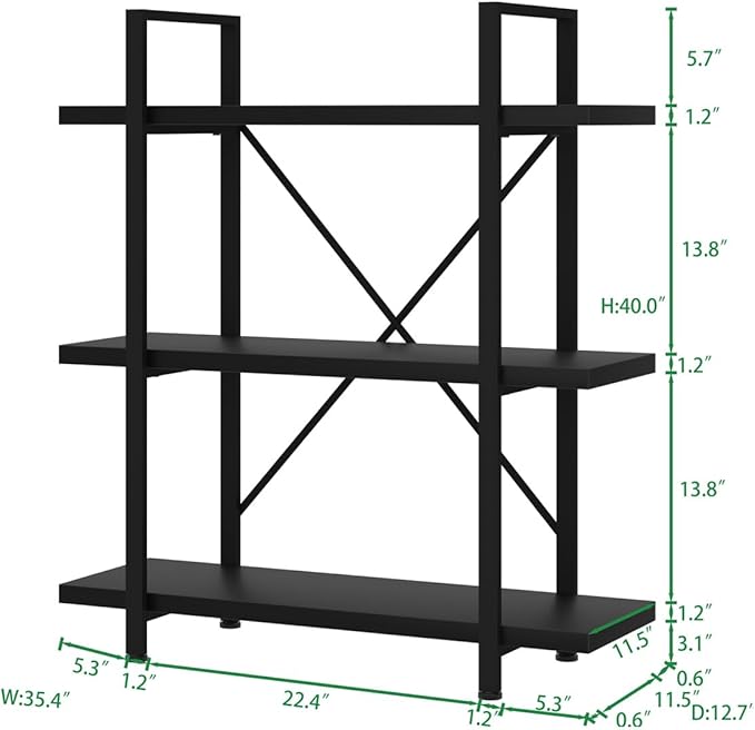 HSH 3 Tier Black Bookshelf, Industrial Small Metal Wooden Storage Book Shelves, Modern Open Low 3 Shelf Bookcase and Display Etagere, Vertical Book Shelf for Bedroom Living Room Office, Black Oak