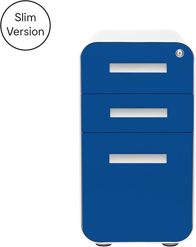 Laura Davidson Furniture Stockpile Slim 3-Drawer Mobile File Cabinet with Lock - Under Desk Metal Filing Cabinet, Legal/Letter File Folders, Wheels and Stationary Feet, Pre-Assembled, Blue Faceplate