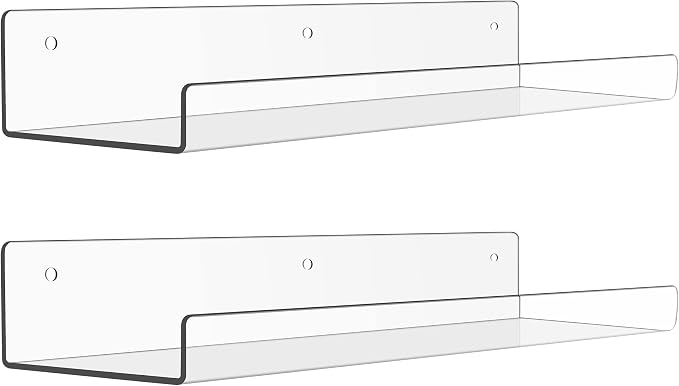 upsimples Acrylic Shelves for Bathroom Storage, 15" Floating Shelves Wall Organizer for Perfume, Make up, Skincare, Kids Bookshelf for Bedroom, Nursery, Living Room Decor, Clear, 2 Pack