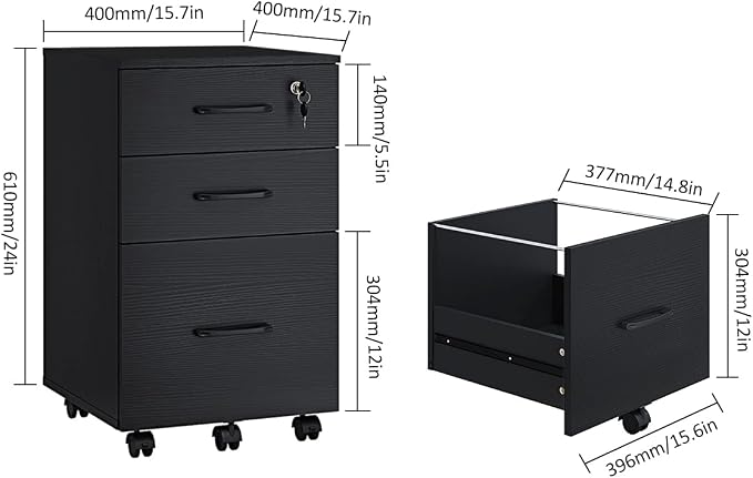 Panana 3 Drawer Wood Mobile File Cabinet, Under Desk Storage Drawers Small File Cabinet for Home Office (Black)