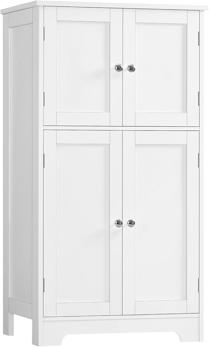 TEENFON Bathroom Floor Storage Cabinet, Freestanding Bathroom Storage Unit with 2 Adjustable Shelves & 4 Doors, White