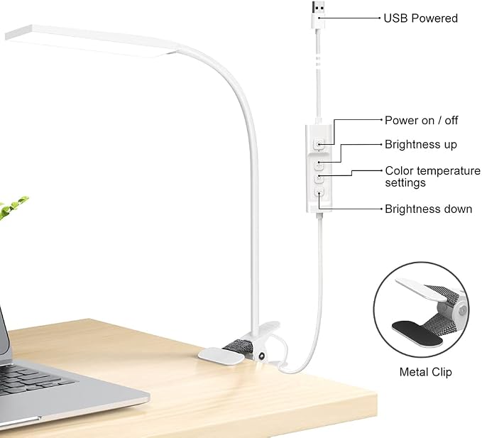 RAOYI LED Desk Lamp, 5W USB Clip on Light Eye-Caring Reading Clamp Table Lamp with 48 LEDs Flexible Neck, 3 Color Modes and 14 Brightness Levels for Office Bedroom Study (White)