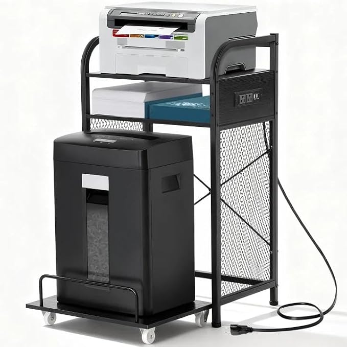 3-Tier Printer and Shredder Stand with Pull Out Shelf, 20" L x 14" W x 34" H Floor-Standing Printer Shredder Stand with Power Outlet, Printer Stand with Shredder Storage, Office Storage Rack
