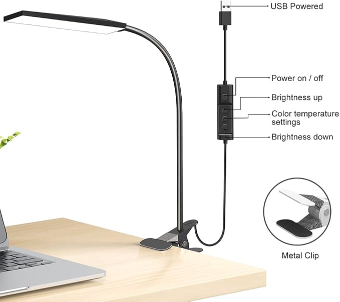 RAOYI LED Desk Lamp, 5W USB Clip on Light Eye-Caring Reading Clamp Table Lamp with 48 LEDs Flexible Neck, 3 Color Modes and 14 Brightness Levels for Office Bedroom Study (Black)