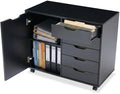 OLIXIS Under Desk Mobile File Cabinet, MDF Rolling Printer Storage Cabinet with 5 Drawers & Side Cabinet, Smooth Gliding Office Storage Organizer for Home Office, Black
