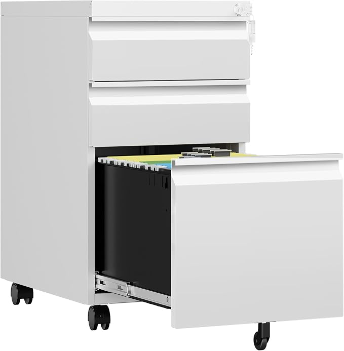 3 Drawer Mobile File Cabinet with Lock, Rolling File Cabinets for Home Office, Under Desk Small File Caninet on wheels, Metal Vertical White Filing Cabnet for Legal/Letter/A4 - Assembly Required