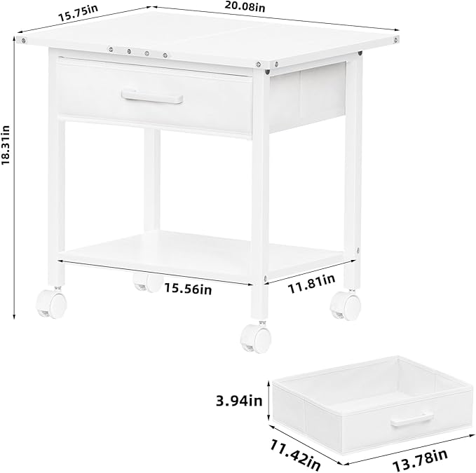 Lerliuo Under Desk Rolling Printer Stand with Drawer, 2-Tier Industrial Mobile Printer Table Desk with Storage Shelf and Steel Frame, Printer Cart Holder with Lockable Wheels for Home, Office (White)