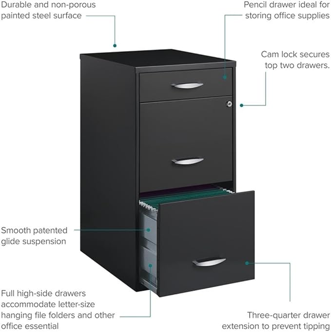 Pemberly Row 3 Drawers 27.32" Vertical Charcoal Metal Filing Cabinet Lockable Pre-Assembled Stationary Letter Size for Home, Office