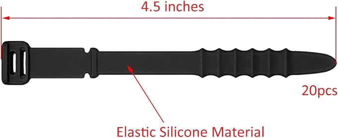 Silicone Zip Ties, Reusable Zip Ties, 20pcs Rubber Cable Ties Straps for Wire Management, Elastic Cable Organizer for Home Office Table Desk. Black 4.5” Cord Ties (20 Pcs Black)
