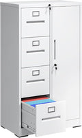 File Cabinet 4 Drawer, Vertical File Cabinet with Lock and 1 Door, File Cabinet with Storage Shelves for A4 Legal/Letter, Assembly Required (White)