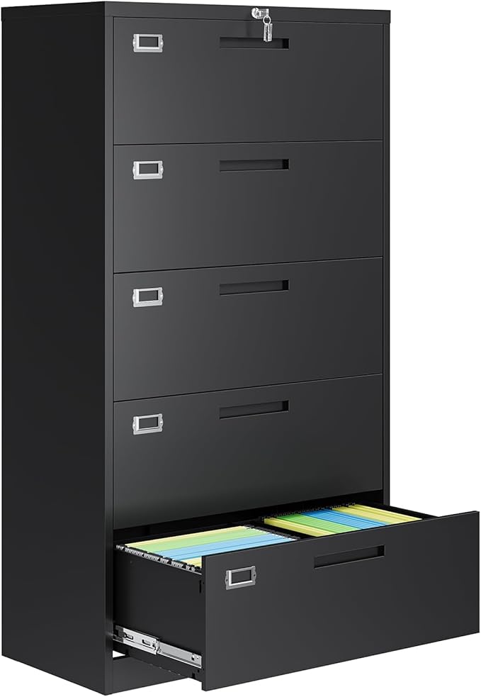 5 Drawer File Cabinets for Home Office, Metal Filing Cabinet with Lock, Black Locking File Caninet Five Drawer, Office Storage Caninets Steel Cabnet for Letter/Legal/A4/F4-Assembly Required