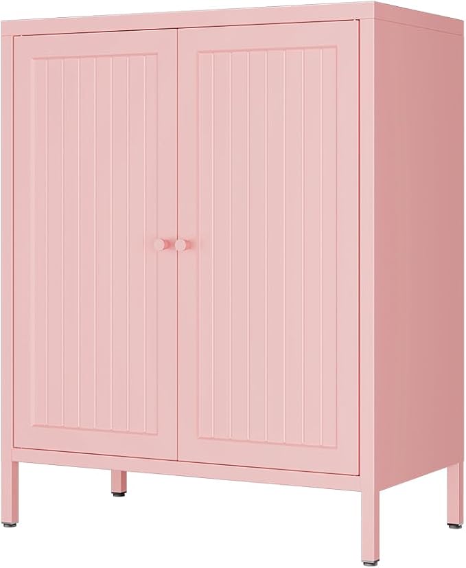 2 Door Metal Storage Cabinet-Small Bathroom Storage Cabinet with 1 Adjustable Shelf,Freestanding Sideboard for Home Office, Living Room, Hallway, Entryway (Striped Door, Pink)