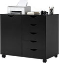 SweetGO 5 Drawer Wood File Cabinet with Wheels, Large Storage Printer Stand for Home Office, Rolling Cabinet Organizer with Reinforced Structure (Black)