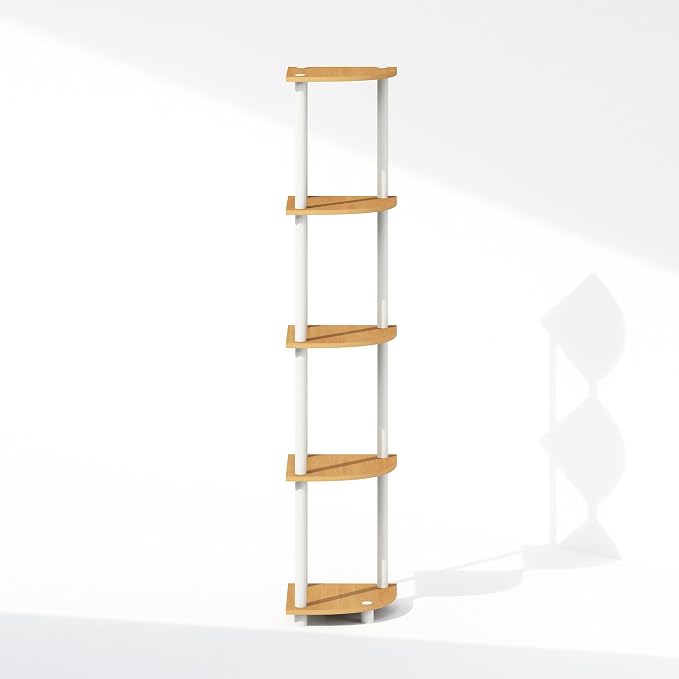 Furinno Turn-N-Tube Storage Shelves, 5-Tier Book Shelf, Corner Shelf, Toolless Open Shelves, for Organization and Storage, Living Room, Home Office, Hallway, Bedroom, Beech