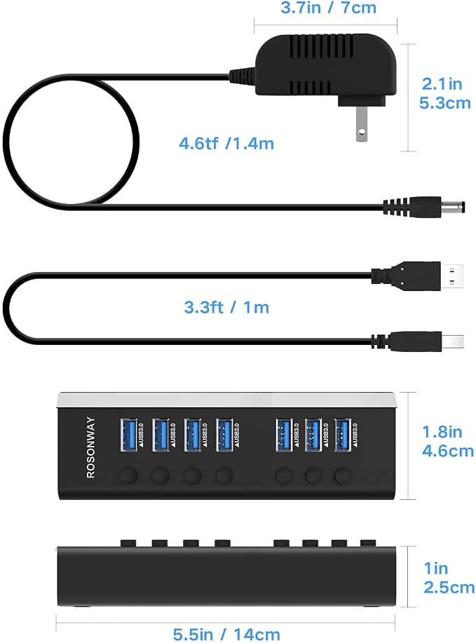 USB Hub 3.0 Powered Rosonway Aluminum 7 Ports USB 3.0 Data Hub Splitter with 24W (12V/2A) Power Adapter and Individual On/Off Switches USB Port Expander for PC and Laptop (RSH-A37S)