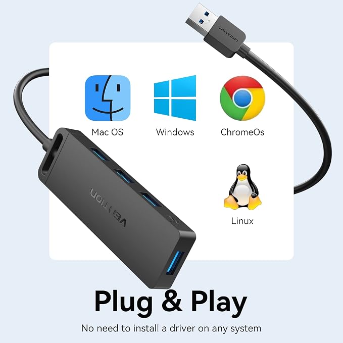USB Hub VENTION 4-Port USB 3.0 Hub 1.5FT Ultra-Slim Data USB Splitter Charging Supported Compatible with MacBook, Laptop, Surface Pro, PS4, PC, Flash Drive, Mobile HDD