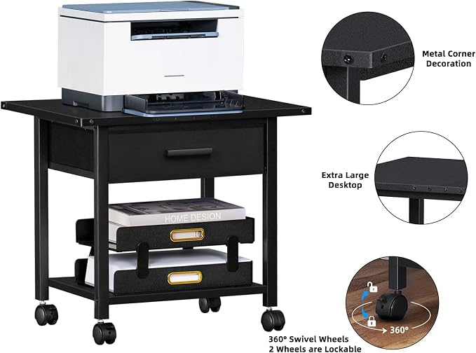 Lerliuo Under Desk Rolling Printer Stand with Drawer, 2-Tier Industrial Mobile Printer Table Desk with Storage Shelf and Steel Frame, Printer Cart Holder with Lockable Wheels for Home, Office (Black)