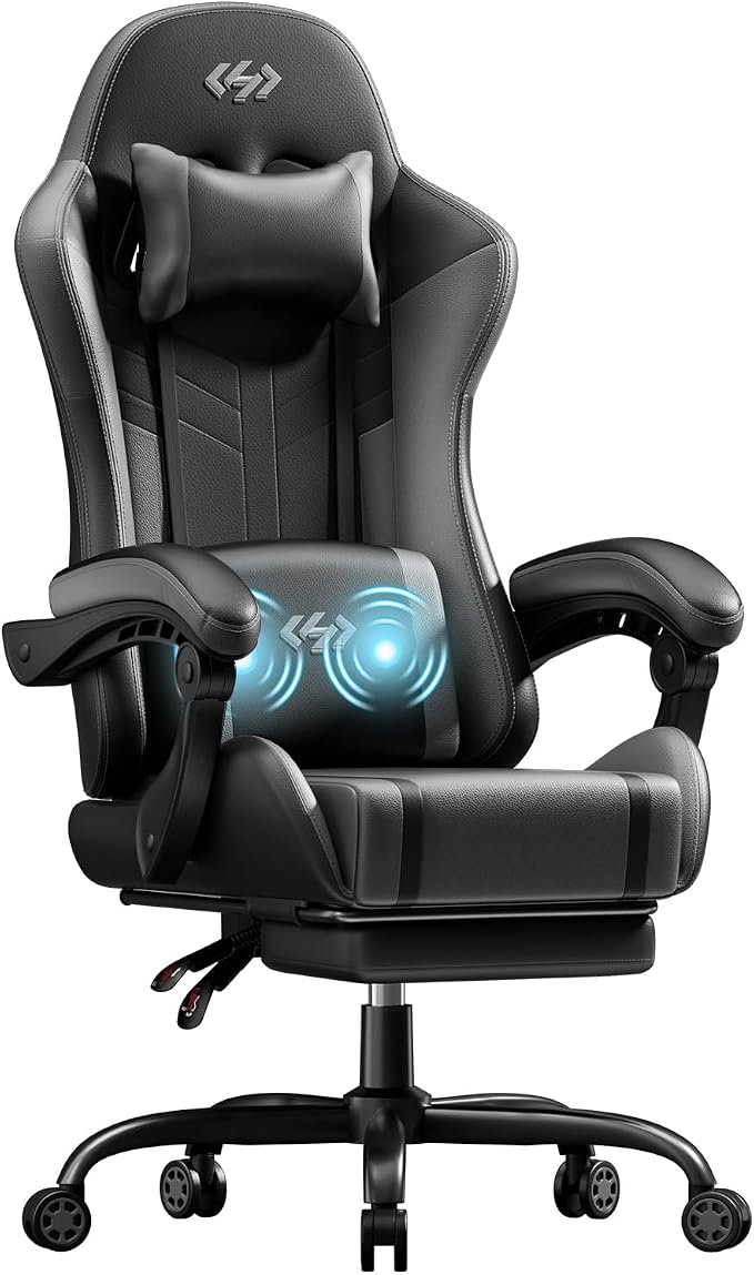 HLDIRECT Gaming Chair, Ergonomic Video Game Seat with 360° Swivel & Lumbar Massage, Computer Chair PU Leather Cushion for Adults Home/Office Use (Black & Grey)