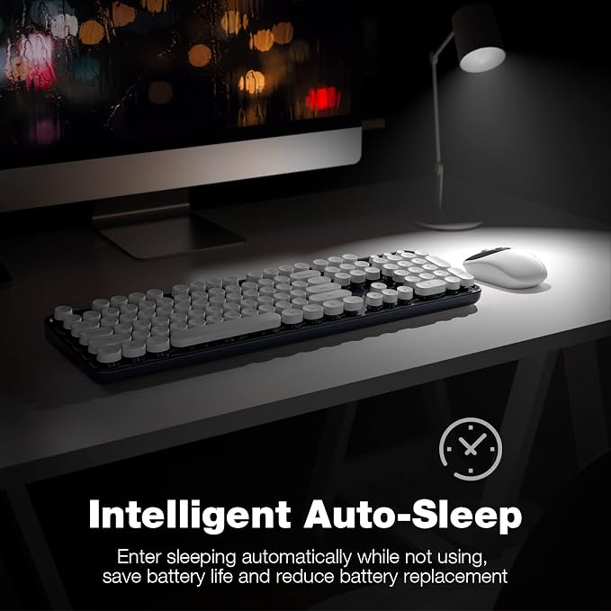 MOFII Wireless Keyboard and Mouse Combo, Computer Full Size 2.4G Plug and Play Wireless Typewriter Retro Round Keyboard and Mouse Set for Windows, Computer, Desktop, PC, Notebook - (Dark Blue)
