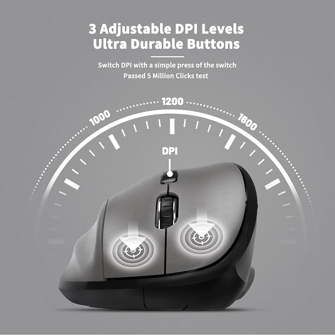 Ergonomic Wireless Mouse with USB Receiver for PC Computer, Laptop and Desktop, Ergo Vertical Mouse with Silent Clicks Long Battery Life, Up to 1600 DPI & 1 AA Battery Powered, Grey