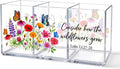 3 Compartments Funny Floral Acrylic Desk Organizer, Pen Holder & Makeup Organizer for Women, Colorful Wildflower Office Gifts for Coworker, Aesthetic Desk Decor for Women Vanity Office School