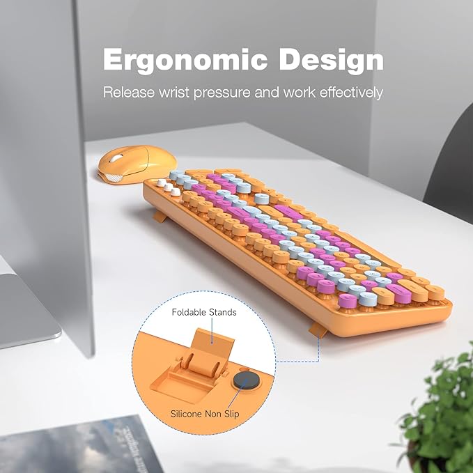 MOFII Wireless Keyboard and Mouse Combo, Orange Retro Keyboard with Round Keycaps, 2.4GHz Dropout-Free Connection, Cute Wireless Mouse for PC/Laptop/Mac/Windows XP/7/8/10 (Orange-Colorful)